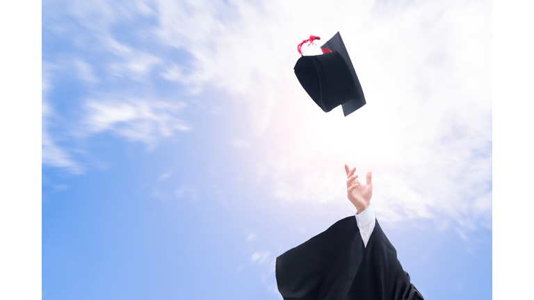 Cropped Hand Throwing Mortarboard Against Sky