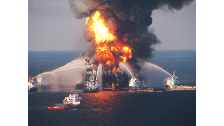 Fire boats battle a fire at the off shore oil rig Deepwater Horizon April 21, 2010 in the Gulf of Mexico off the coast of Louisiana. (Photo by U.S. Coast Guard via Getty Images)