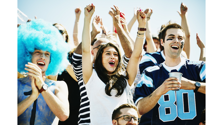 Football fans in stadium celebrating touchdown