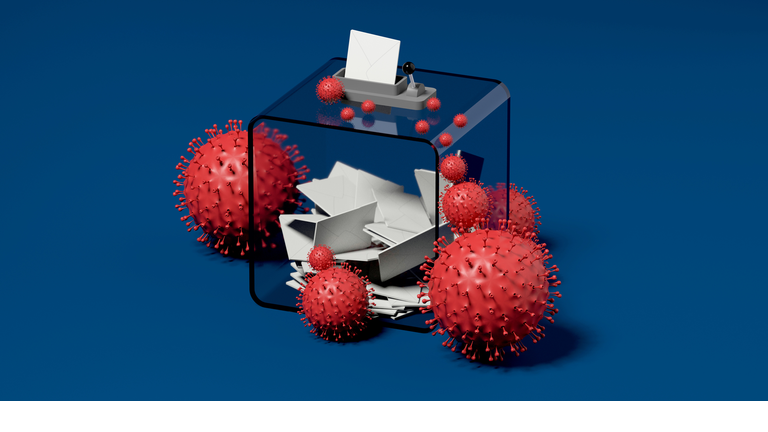 ballot box and viruses blue background 3D rendering