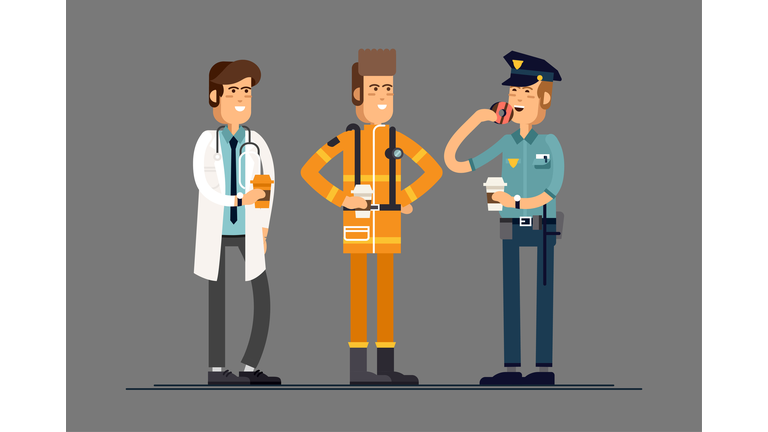 Group of people, different professions workers, friends, drinking coffee . Teamwork concept- policeman, firefighter, doctor.