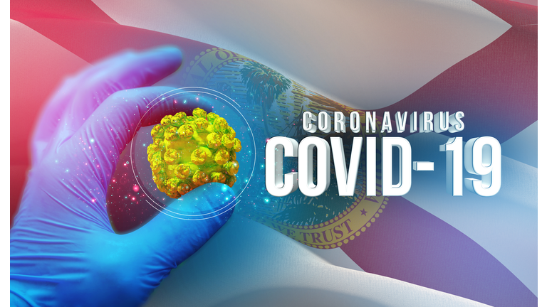 Coronavirus COVID-19 outbreak concept, background with flags of the states of USA. State of Florida flag. Pandemic stop Novel Coronavirus outbreak covid-19 3D illustration.