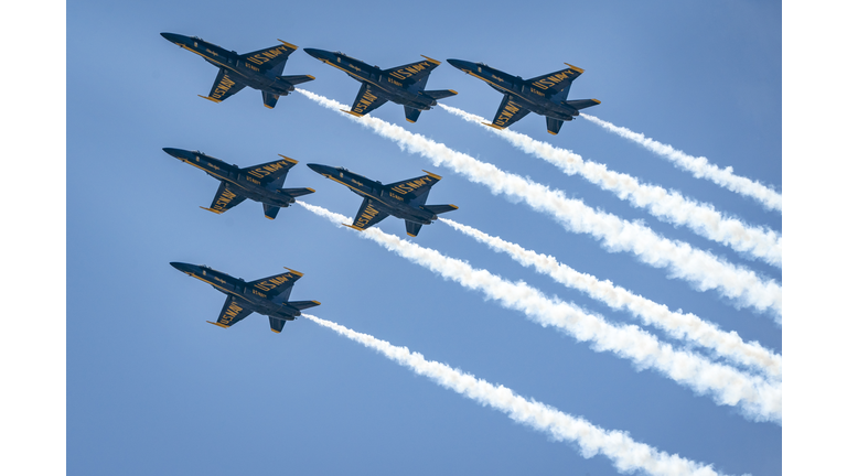 The U.S. Navy Blue Angels fly over the National Mall, May 2, 2020 Washington, DC. (Photo by Drew Angerer/Getty Images)