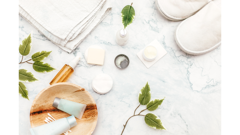 Organic spa cosmetic on marble background