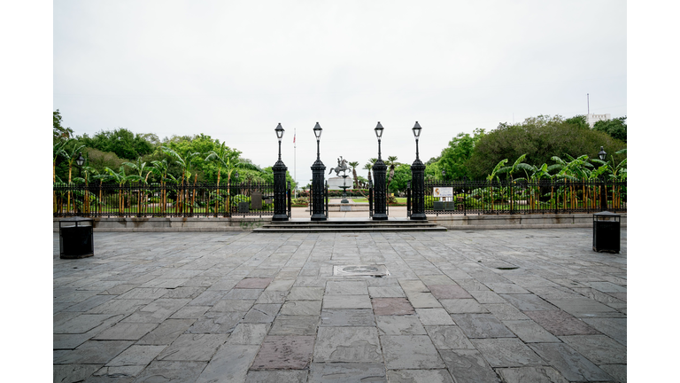 Typically bustling with musicians, tarot readers, artists and other performers, Jackson Square in New Orleans, Louisiana is seen empty on April 23, 2020. (Photo by Claire Bangser/AFP via Getty Images)