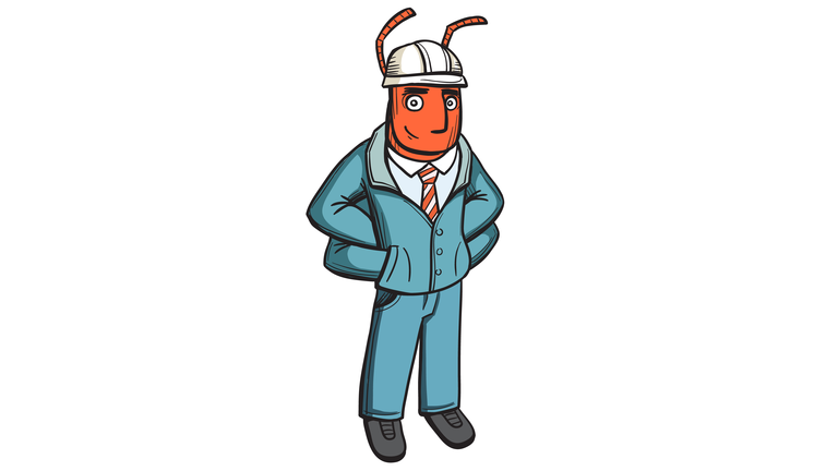 Anthropomorphous humanized ant builder foreman. Hand drawn painted character, vector