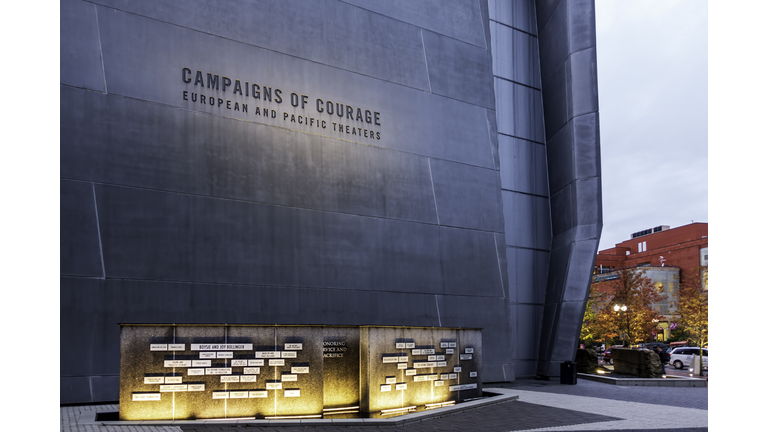 Dusk at the "Campaigns of Courage" building facade of the National WWII Museum. (Getty Images)