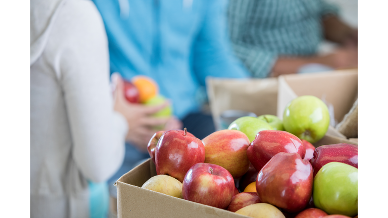 Volunteers sort fresh fruit during food drive