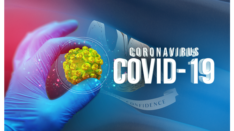 Coronavirus COVID-19 outbreak concept, background with flags of the states of USA. State of Louisiana flag. Pandemic stop Novel Coronavirus outbreak covid-19 3D illustration.