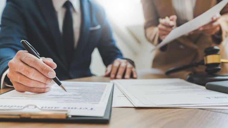 Male Lawyer Working With Coworker On Table