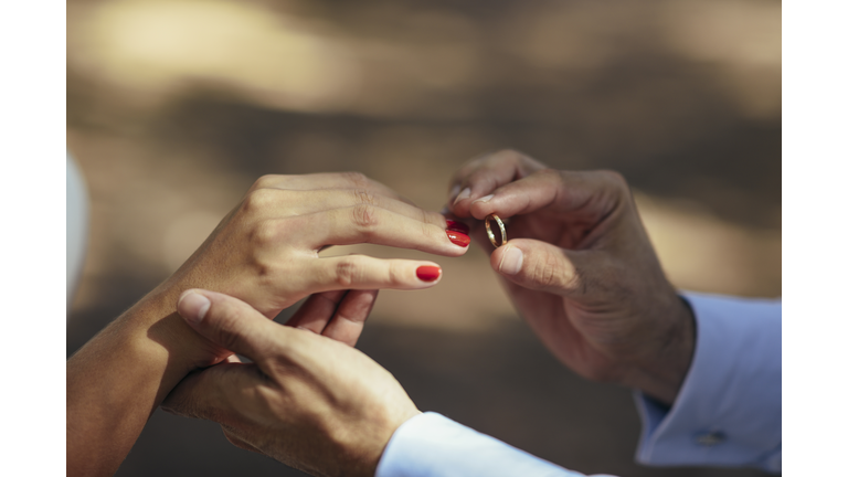 Groom putting wedding ring on finger of bride, close up