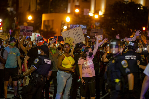 Police work to keep demonstrators back during a protest in Lafayette Square Park on May 30, 2020 in Washington, DC.
