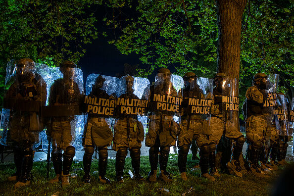 Police work to keep demonstrators back during a protest in Lafayette Square Park on May 30, 2020 in Washington, DC.
