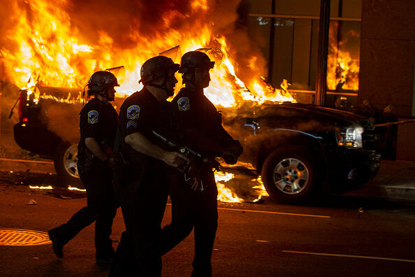 Police work to keep demonstrators back during a protest in Lafayette Square Park on May 30, 2020 in Washington, DC.