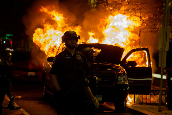 Police work to keep demonstrators back during a protest in Lafayette Square Park on May 30, 2020 in Washington, DC.
