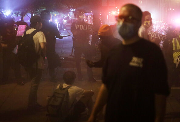 Demonstrators hold a protest near the White House in response to the killing of George Floyd in the early morning hours on May 31, 2020 in Washington, DC.
