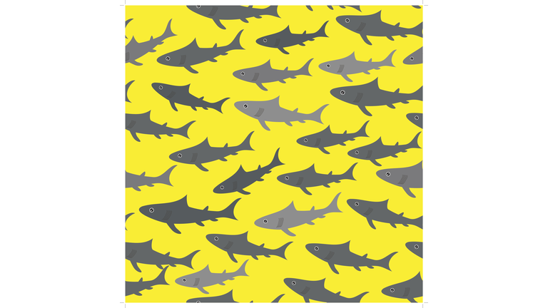 Seamless pattern with gray sharks  on bright yellow background. Vector