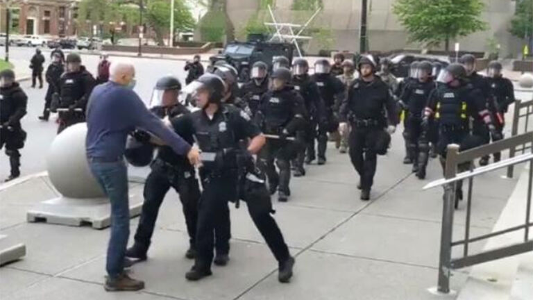 Two police officers in Buffalo, New York have been suspended after a video shows a 75-year-old man being shoved to the ground during a protest for George Floyd on Thursday.
