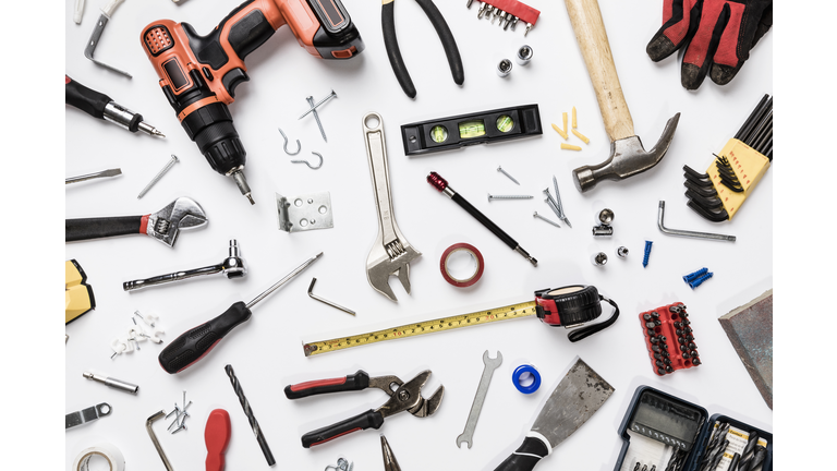 View from above tools on white background - knolling