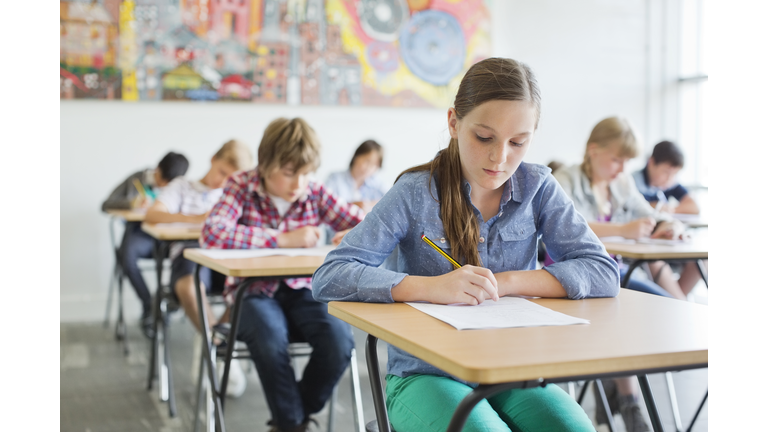 Students taking a test in classroom