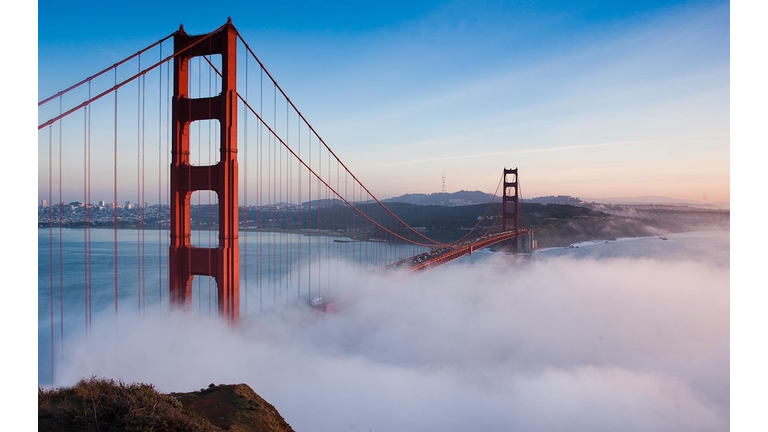 Golden Gate Bridge Over San Francisco Bay In Foggy Weather