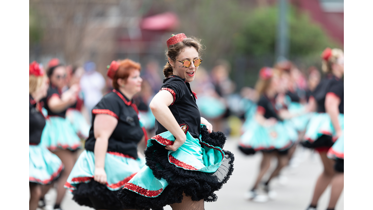 Members of the Muff-A-Lottas, dancing during a parade on February 23, 2019. (Getty Images)