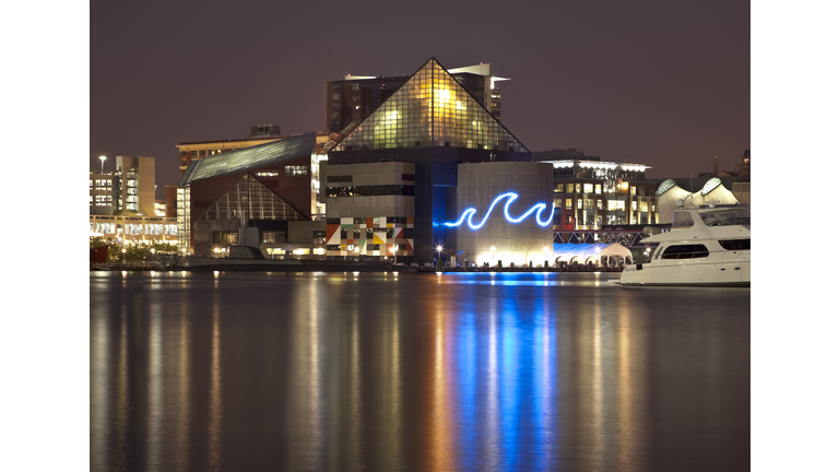 Baltimore's Inner Harbor and National Aquarium Lit at Night