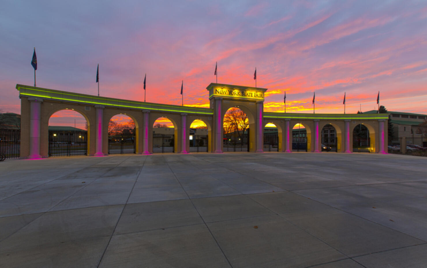 New York State Fairgrounds entrance at sunset