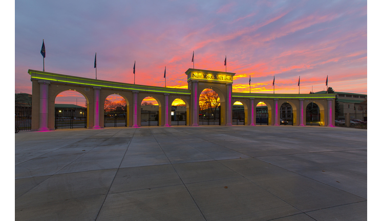 New York State Fairgrounds entrance at sunset