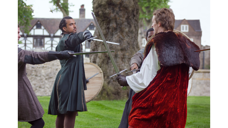 Actors Sword Fight. Open Air Theater Shakespeare Performance