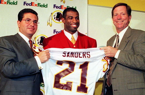 New Washington Redskin cornerback Deion Sanders (C