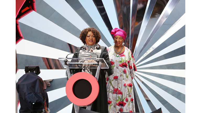 JOHANNESBURG, SOUTH AFRICA - DECEMBER 02: Makaziwe Mandela and Zindzi Mandela speak on stage during the Global Citizen Festival: Mandela 100 at FNB Stadium on December 2, 2018 in Johannesburg, South Africa. (Photo by Jemal Countess/Getty Images for Global Citizen Festival: Mandela 100)