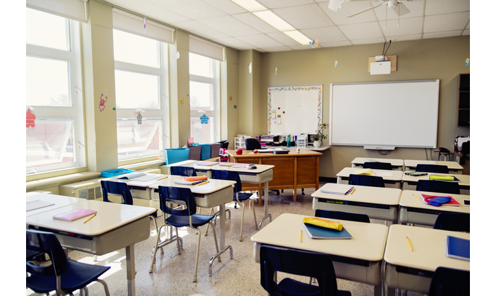 Empty elementary classroom during recess.