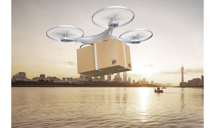 Drone delivering package over cityscape,3d render
