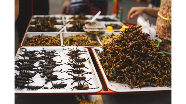 Trays of exotic street foods in Thailand