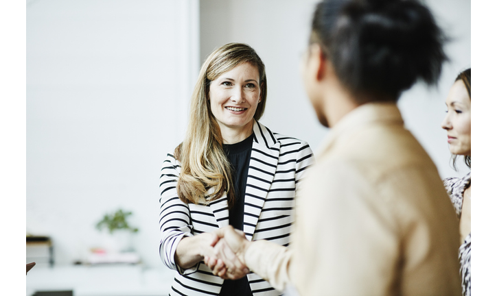 Smiling businesswoman shaking hands with client before meeting