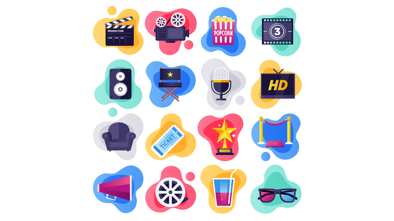 Cinema, Television & Media Industry Flat Flow Style Vector Icon Set