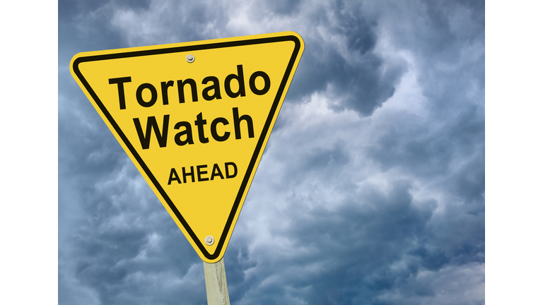 Tornado Watch Road Sign With Ominous Sky