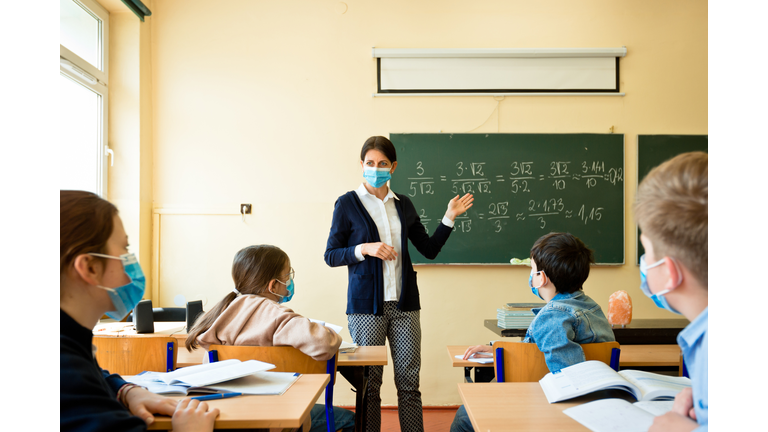 Covid-19. A teacher teaches mathematics