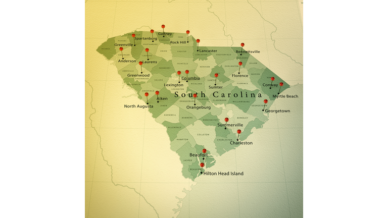 South Carolina Map Square Cities Straight Pin Vintage
