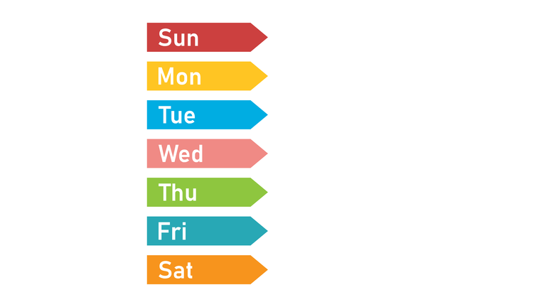 Callendar or planner day of the week. Design for stickers with days. Colored flat colors.