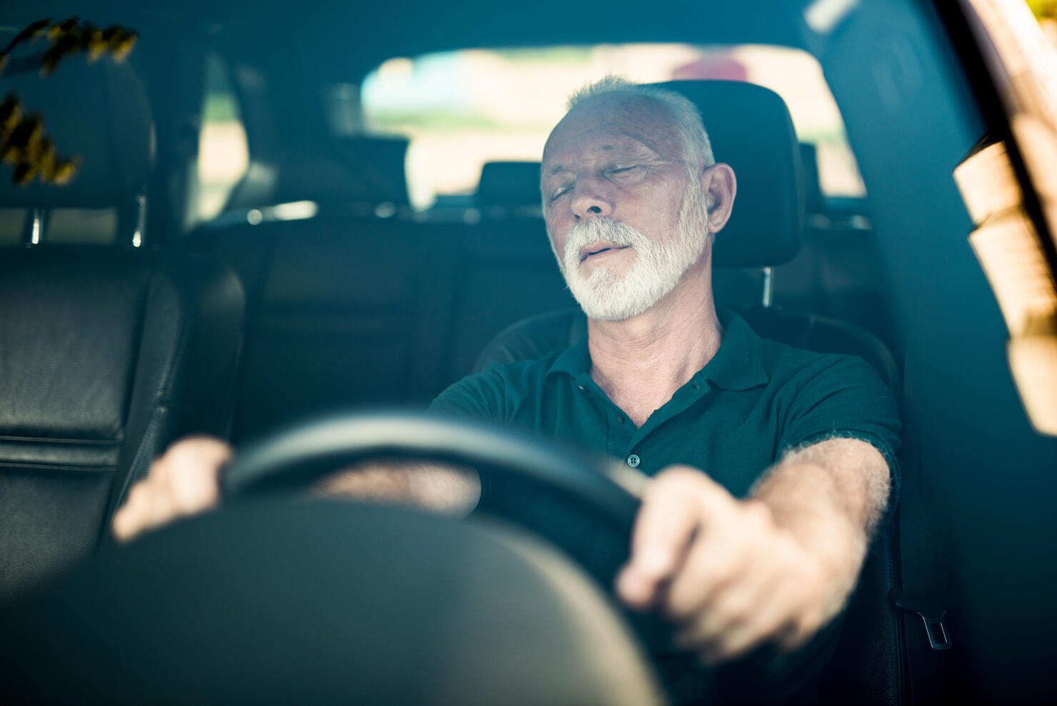 Senior man falls asleep while driving.