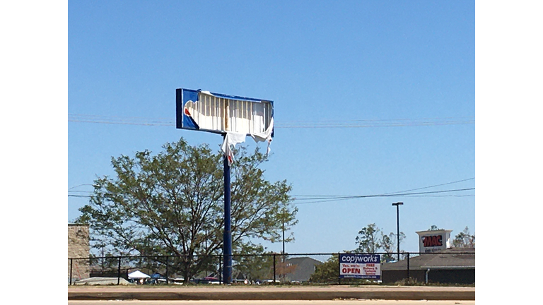 Derecho storm sign damage Cedar Rapids, Iowa August 10, 2020