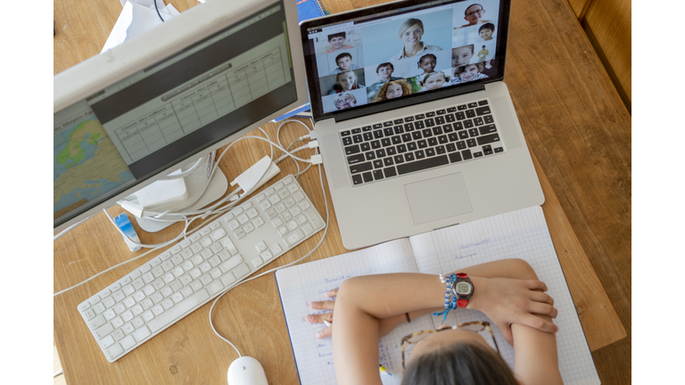 Girl attending online school classes from home