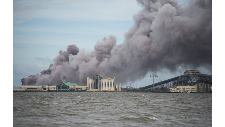 Smoke rises from a burning chemical plant after the passing of Hurricane Laura in Lake Charles, Louisiana on August 27, 2020. (Photo by Andrew Caballero-Reynolds/AFP via Getty Images)