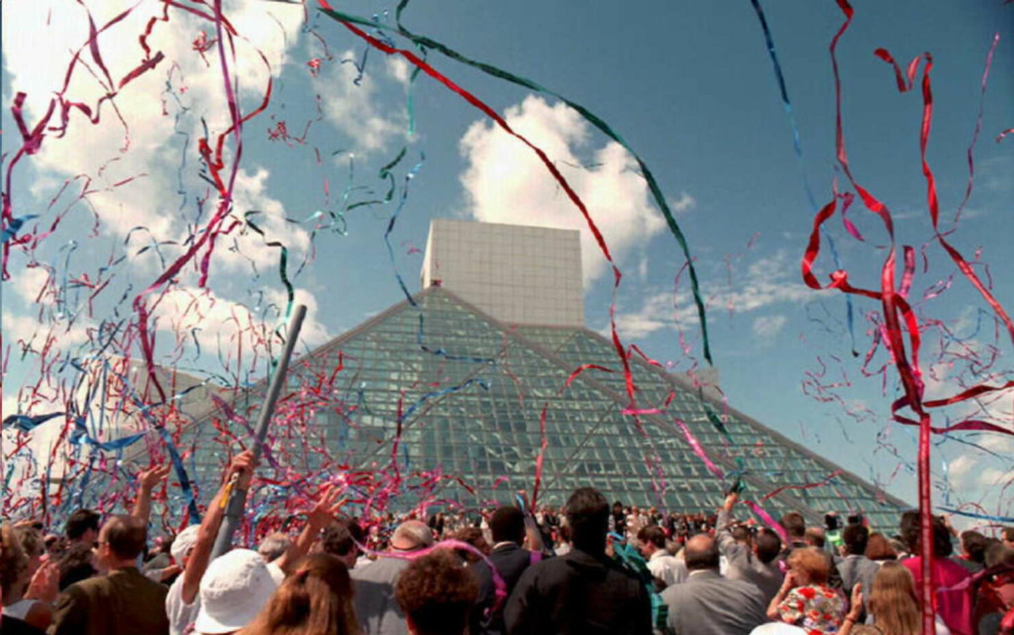 Streamers fill the sky over the Rock and Roll Hall