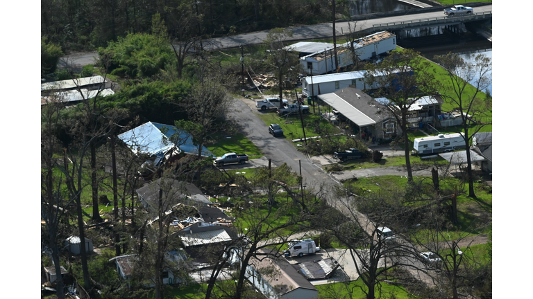 Damaged homes can be seen in this aerial view of a neighborhood of Lake Charles, Louisiana, on August 29, 2020, after the passage of Hurricane Laura. (Photo by Roberto Schmidt/AFP via Getty Images)