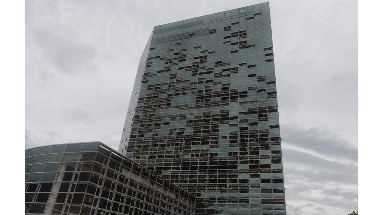 Capitol One Bank Tower is seen with its windows blown out in the downtown area after Hurricane Laura passed through on August 27, 2020 in Lake Charles, Louisiana. (Photo by Andrew Caballero-Reynolds/AFP via Getty Images)