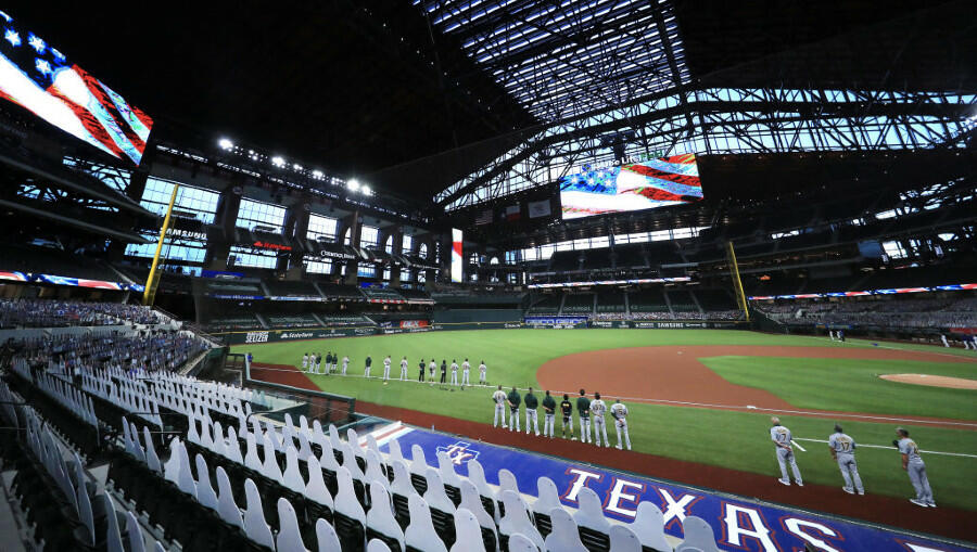 Arlington, TX, USA. 10th Apr, 2021. Globe Life Field during a Major League  Baseball game between the Texas Rangers and the San Diego Padres on April  10, 2021 in Arlington, Texas. Credit