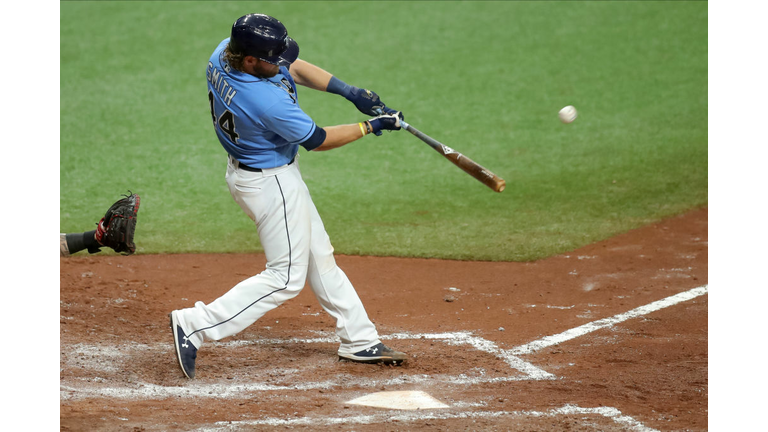 Kevan Smith homers to give the Rays a short-lived 3-2 lead against the Red Sox on Sunday.